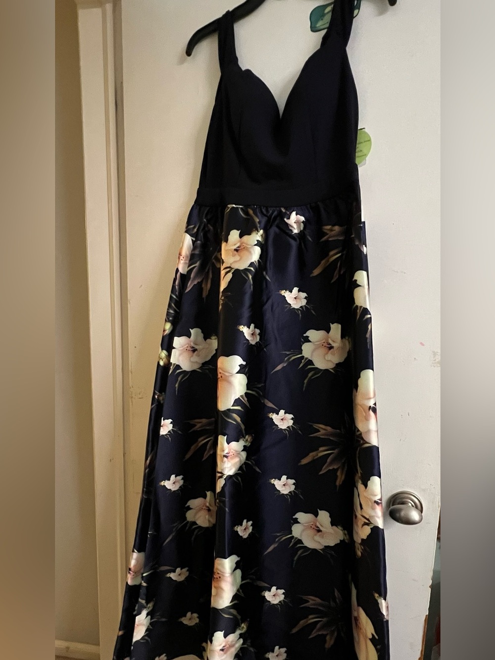 Windsor Navy Floral Satin Maxi Dress with Cream Blooms